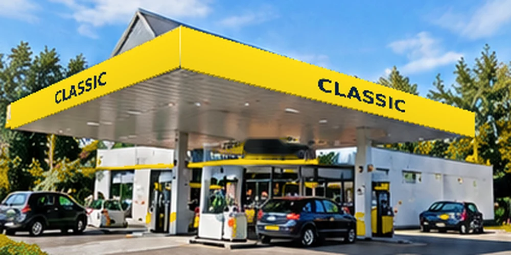 Illustratief tankstation in de stijl van CLASSIC; geen foto van deze vestiging