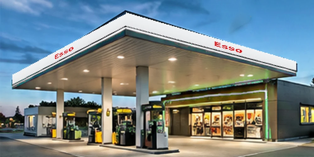 Illustratief tankstation in de stijl van Esso; geen foto van deze vestiging