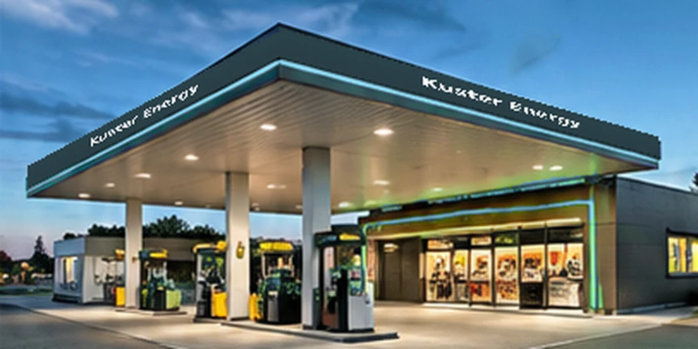 Illustratief tankstation in de stijl van Kuster Energy; geen foto van deze vestiging