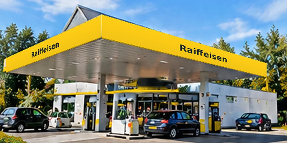 Illustratief tankstation in de stijl van Raiffeisen; geen foto van deze vestiging