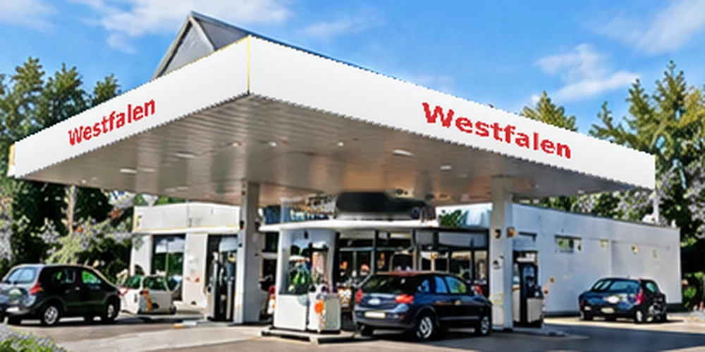 Illustratief tankstation in de stijl van Westfalen; geen foto van deze vestiging